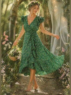 Kelly Green Wrap Dress XL Floral Boho Wedding Guest Feminine Whimsical Fairy